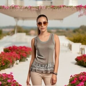 Marilu Women's Beige Tan Embroidered Lace Tank Top S Cotton Linen Italy VG